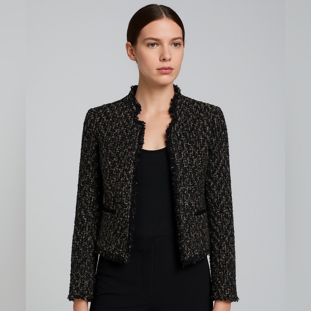 Zara Trafaluc Boucle Tweed Jacket Black Gold Fringe XS Parisian Chic Academia